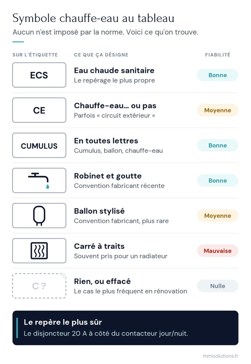 Symbole chauffe-eau sur tableau électrique : ECS, CE, cumulus, pictogrammes robinet et ballon, avec leur fiabilité