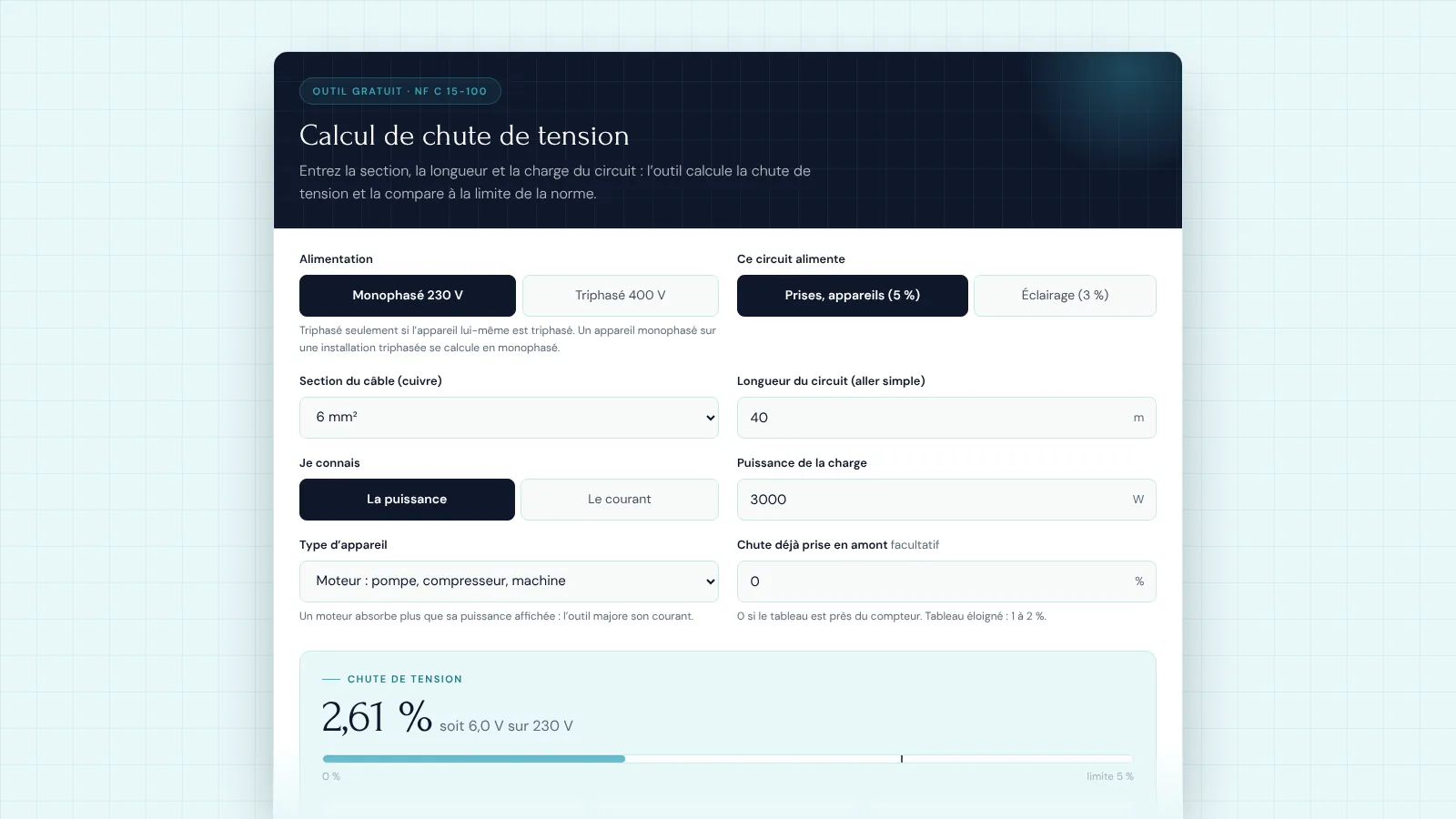 Calculateur de chute de tension en ligne, exemple d’un circuit de 40 m en 6 mm²